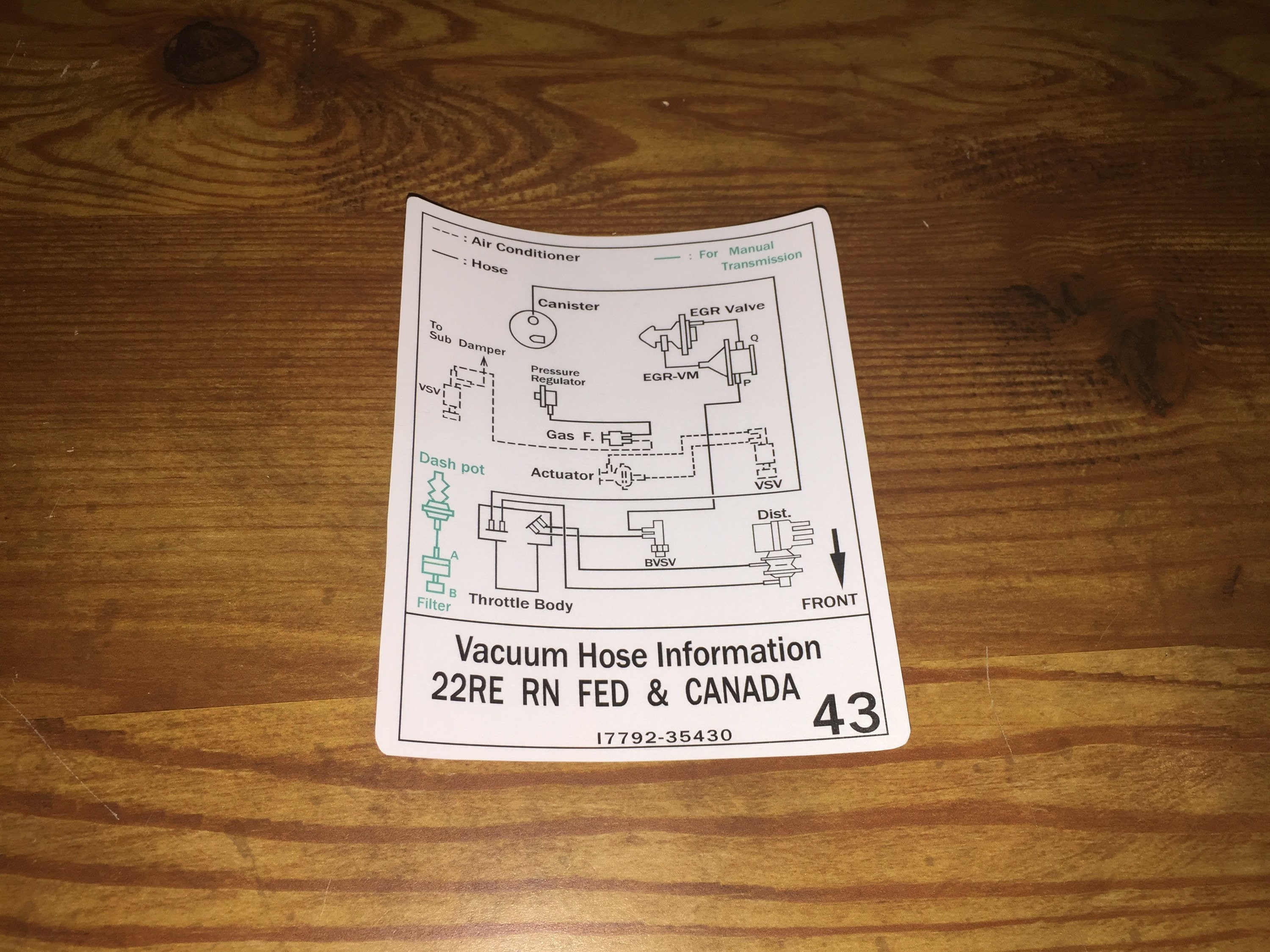 19841986 22RE Toyota Pickup Vacuum Diagram Remade Decals Etsy
