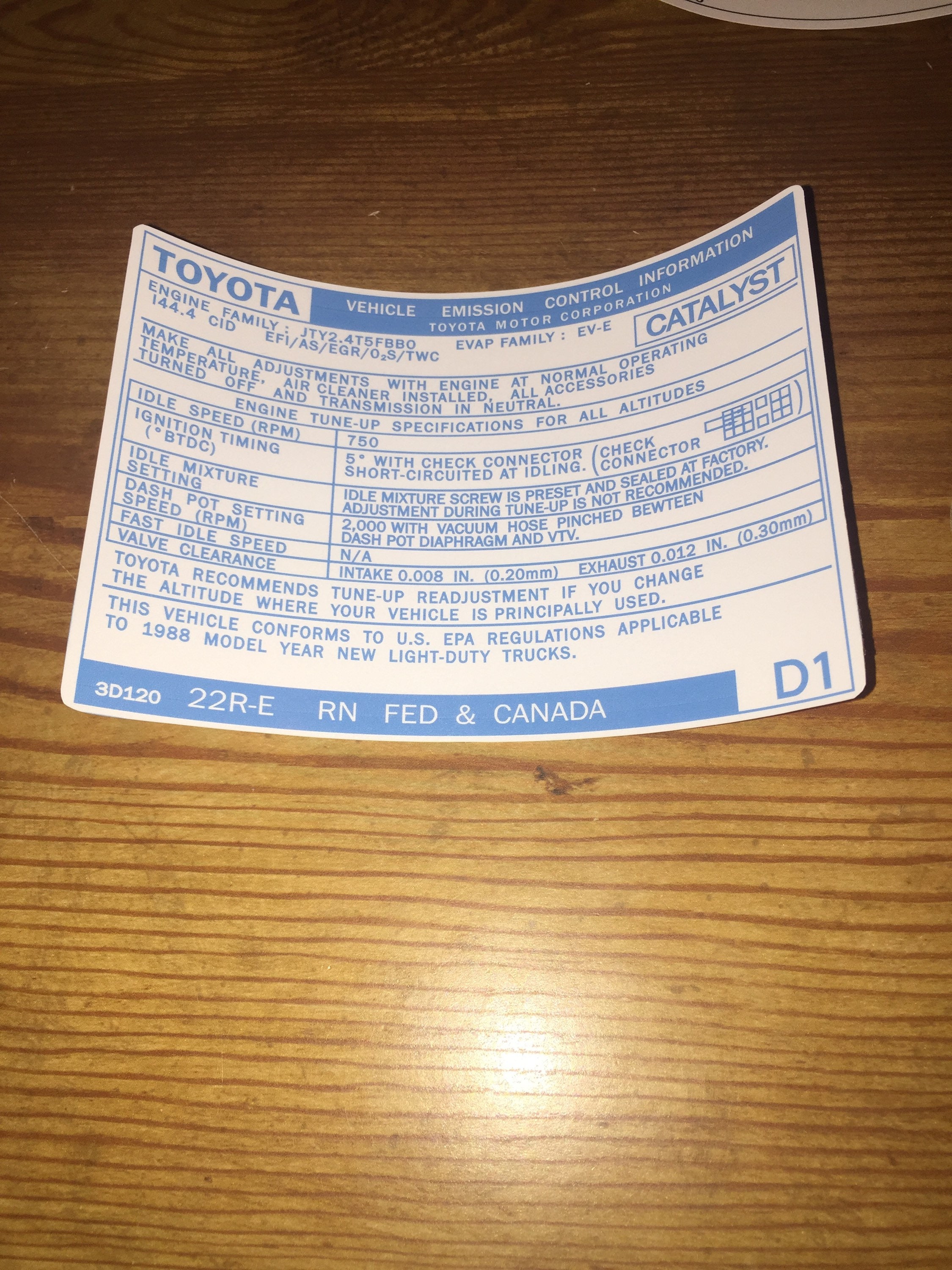 1984- 1988 22RE Toyota Pickup Truck 4runner Emission Decals ...