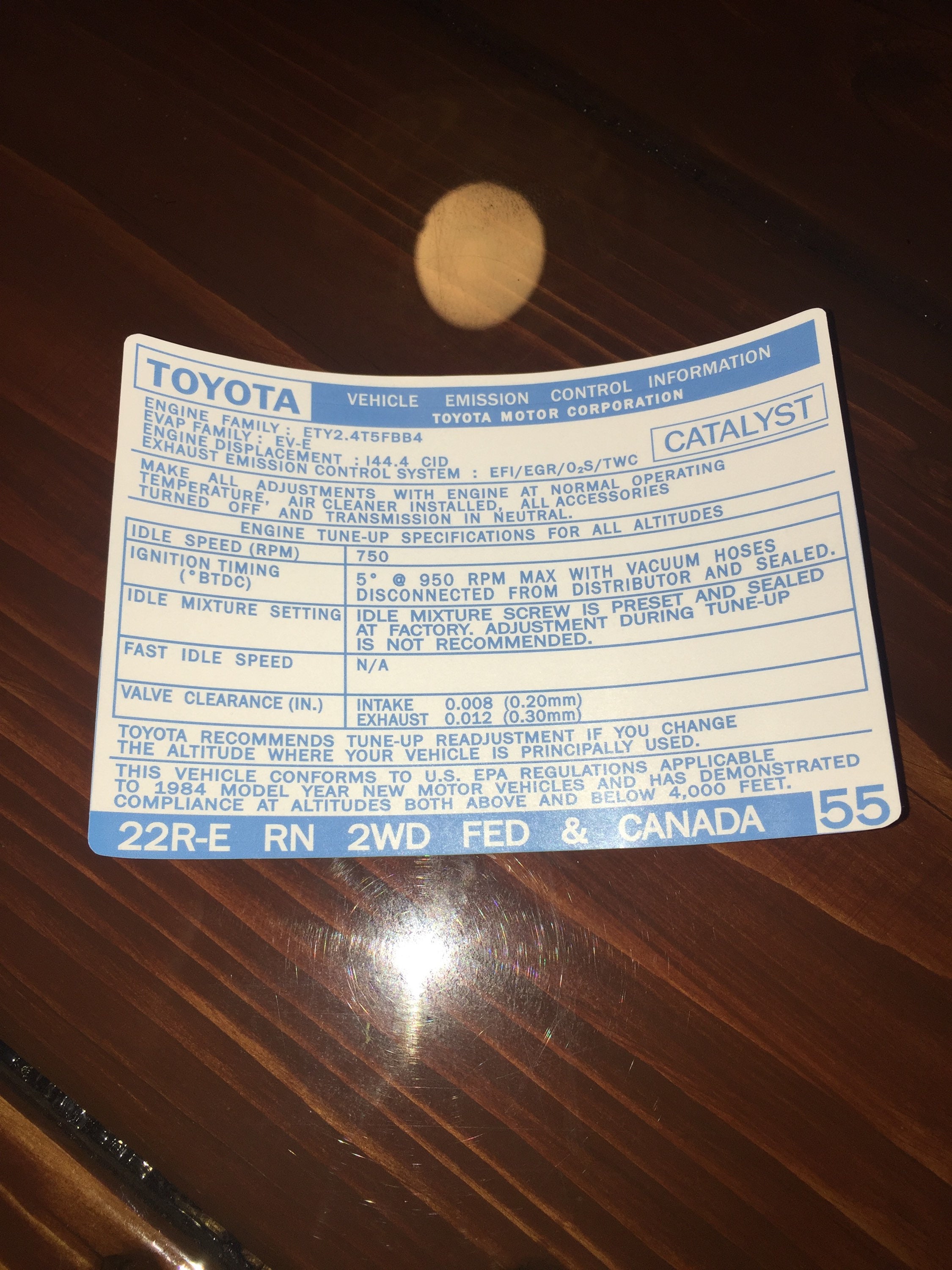 1984- 1988 22RE Toyota Pickup Truck 4runner Emission Decals ...