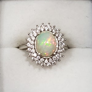 AAA Natural Welo Opal & White Zircon halo cocktail ring Platinum over 925 SS sz7