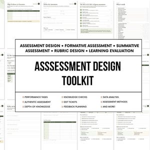 以下が含まれることがあります： ASSESSMENT DESIGN、FORMATIVE ASSESSMENT、SUMMATIVE ASSESSMENT、RUBRIC DESIGN、LEARNING EVALUATION、ASSESSMENT DESIGN TOOLKITという黒いテキストが中央の白い長方形の枠内に記載された評価設計ツールキットのドキュメント。