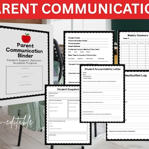 Op de afbeelding: Een witte map met de titel "Parent Communication Binder" met een rode appelafbeelding. De map bevat secties voor leerlingondersteuning, gedrag en academische vooruitgang. Er worden verschillende zwart-wit afdrukbare vellen weergegeven, waaronder een wekelijks overzicht en een leerlingverantwoordingsbrief. De tekst "Fully editable" is ook zichtbaar.