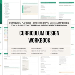 Peut inclure: Un cahier de conception de programmes avec un encart rectangulaire beige central portant le texte noir Curriculum Planning, Guided Prompts, Assessment Design Tools, Competency Mapping, Implementation Planning et Curriculum Design Workbook.