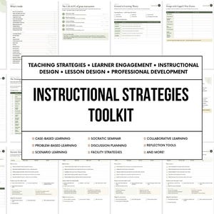 Può includere: Un toolkit digitale per strategie didattiche con una sovrapposizione rettangolare bianca centrale con testo nero che recita Instructional Strategies Toolkit, Teaching Strategies, Learner Engagement e vari metodi di apprendimento.