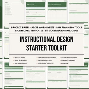 May include: An instructional design starter toolkit featuring a collection of digital templates and documents. The central text reads INSTRUCTIONAL DESIGN STARTER TOOLKIT, surrounded by various project briefs, ADDIE worksheets, and planning tools.