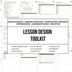 Puede incluir: Un conjunto de documentos Lesson Design Toolkit que incluye varias páginas con encabezados como Learning Objectives, Learner Analysis y Lesson Flow Planner. El texto central dice Lesson Design Toolkit con listas de temas que incluyen Bloom's Taxonomy, Active Engagement y Objective Writing.