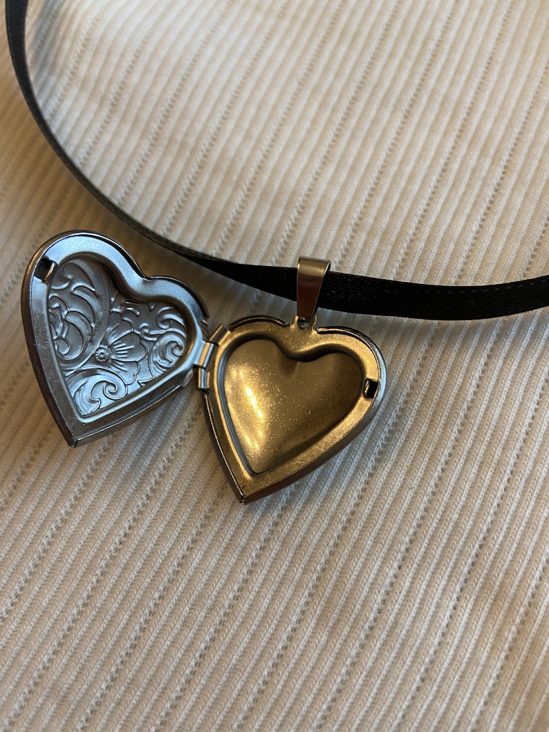 Ribbon Heart Pendant Necklace ribbon choker necklace silver heart locket necklace image 2