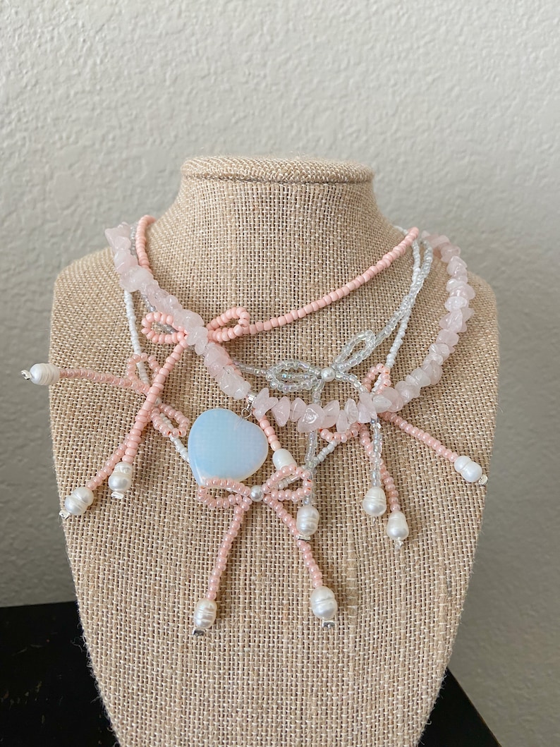 The Kenzie necklace beaded bow ribbon necklace choker clear transparent bead coquette style bow necklace image 3