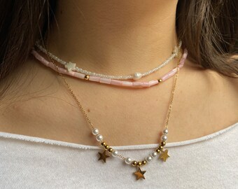 The “Mia” necklaces |  gold chain necklace | gold freshwater pearl necklace | pearl charm star charm chain necklaces