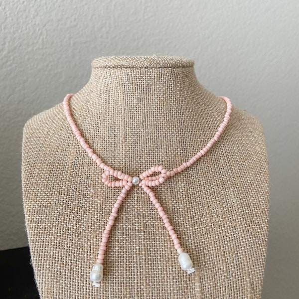 The “Estelle” necklace | beaded bow ribbon necklace choker | light baby pink bead | coquette style bow necklace