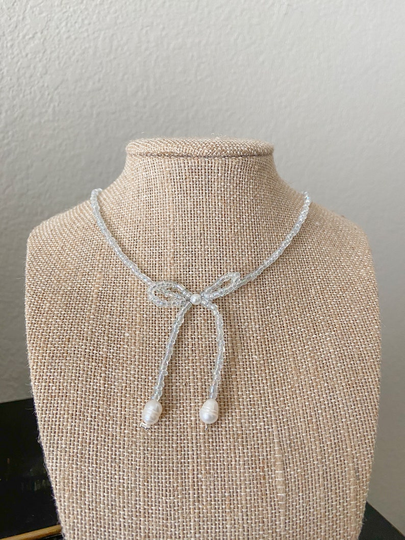 The Kenzie necklace beaded bow ribbon necklace choker clear transparent bead coquette style bow necklace image 1