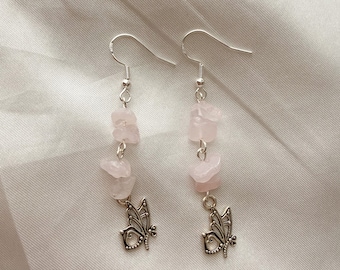 Butterfly pink stone charm dangle earrings!