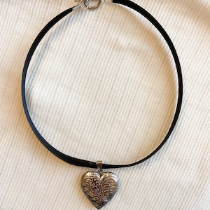 Ribbon Heart Pendant Necklace ribbon choker necklace silver heart locket necklace image 1