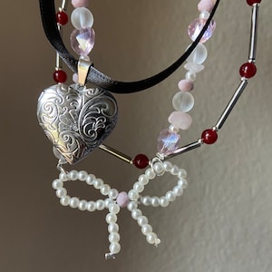 Ribbon Heart Pendant Necklace ribbon choker necklace silver heart locket necklace image 3