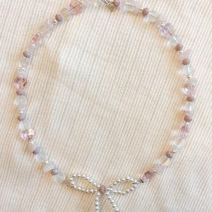 The “Cylia” Necklace! | pink beaded charm necklace | bow pearl necklace | coquette style necklace
