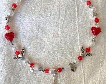 The “Lydia” Necklace | beaded necklace | guitar charm necklace | red heart bead necklace |