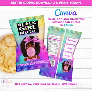 May include: Chip bag design with a Black Girl Magic theme. The front features a girl blowing a bubble, with text that reads "Amber's 9th Birthday." The back says "Thank you for coming to my birthday party!" The design is editable in Canva.