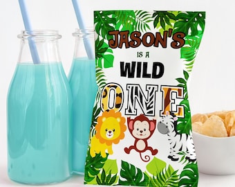 Torebki na chipsy Jungle Chips, upominki Jungle, urodziny Wild One, torebka na smakołyki Jungle, upominki na imprezę Safari, Wild One, cyfrowe, do druku, drukowane