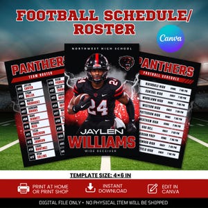 Könnte beinhalten: Eine digitale Vorlage für einen Football-Spielplan und Kader der Northwest High School mit einem Spieler in schwarzer Uniform mit der Nummer 24, dem Namen Jaylen Williams und einem Teamlogo. Die Vorlage misst 4 mal 6 Zoll und enthält Text.