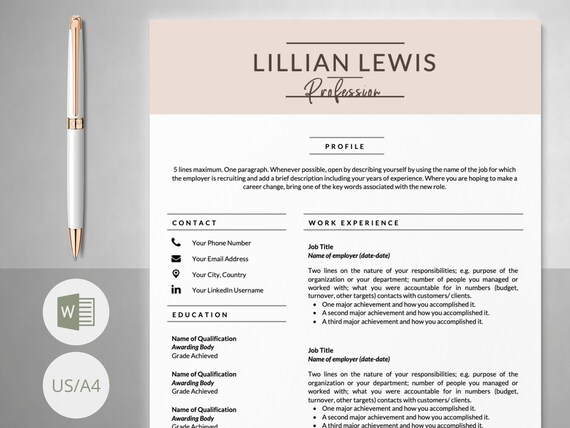 Resume Template Word Cv Template Cv Design 2 Page Resume Etsy