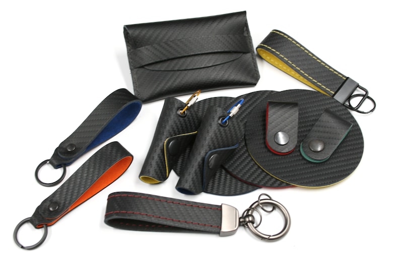Personalized Carbon Alcantara key fobs for car keys, various colors image 10
