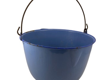 Blue Enamelware Vintage Kitchen Bale Handle Bucket/ Dishpan  12 ” x 6 1/2” Rustic Prim