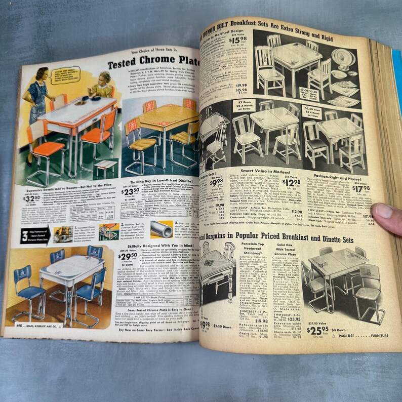 May include: A vintage advertisement for chrome-plated breakfast and dinette sets. The ad features various sets with different styles and prices, including a set with a white porcelain top and a set with a solid oak top. The ad also includes the text "Bargains in Popular Priced Breakfast and Dinette Sets".
