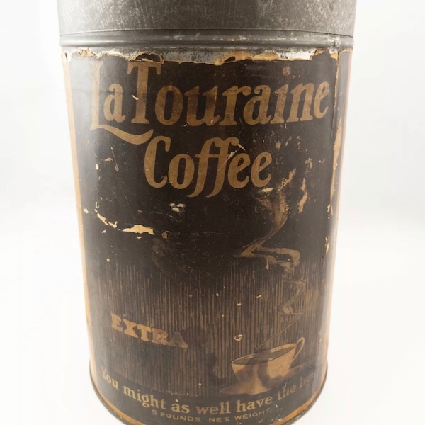 Antique Coffee Tin Canister “La Touraine Coffee” Large 5 POUNDS! ~ Paper Label Coffee Tin   Paper Label/ Antique Advertising/Antique Tin