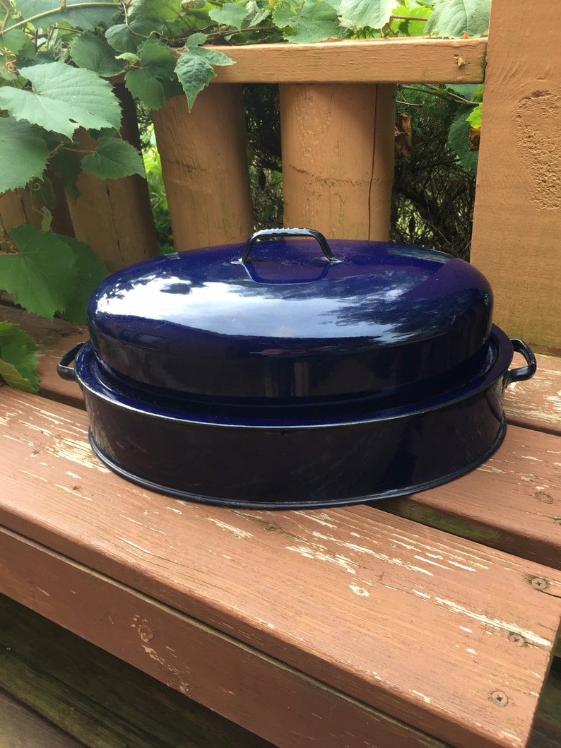 Antique Blue Enamelware Roasting Pan