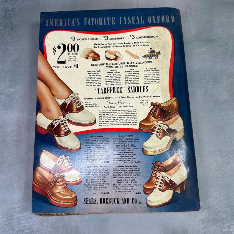 May include: A vintage advertisement for "Carefree" Saddles shoes. The ad features a woman wearing a pair of white and brown saddle shoes. The ad text highlights the features of the shoes, including the Goodyear welt construction, smooth leather linings, and the "Carefree" fit. The ad also includes a price list for different styles of saddle shoes.