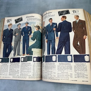 May include: A vintage magazine spread showcasing men's suits. The page features a variety of suits in different colors and styles, including a blue double-breasted suit, a brown suit, and a gray suit. The text on the page includes the names of the suits, their prices, and descriptions of their features. The magazine is from the 1940s.