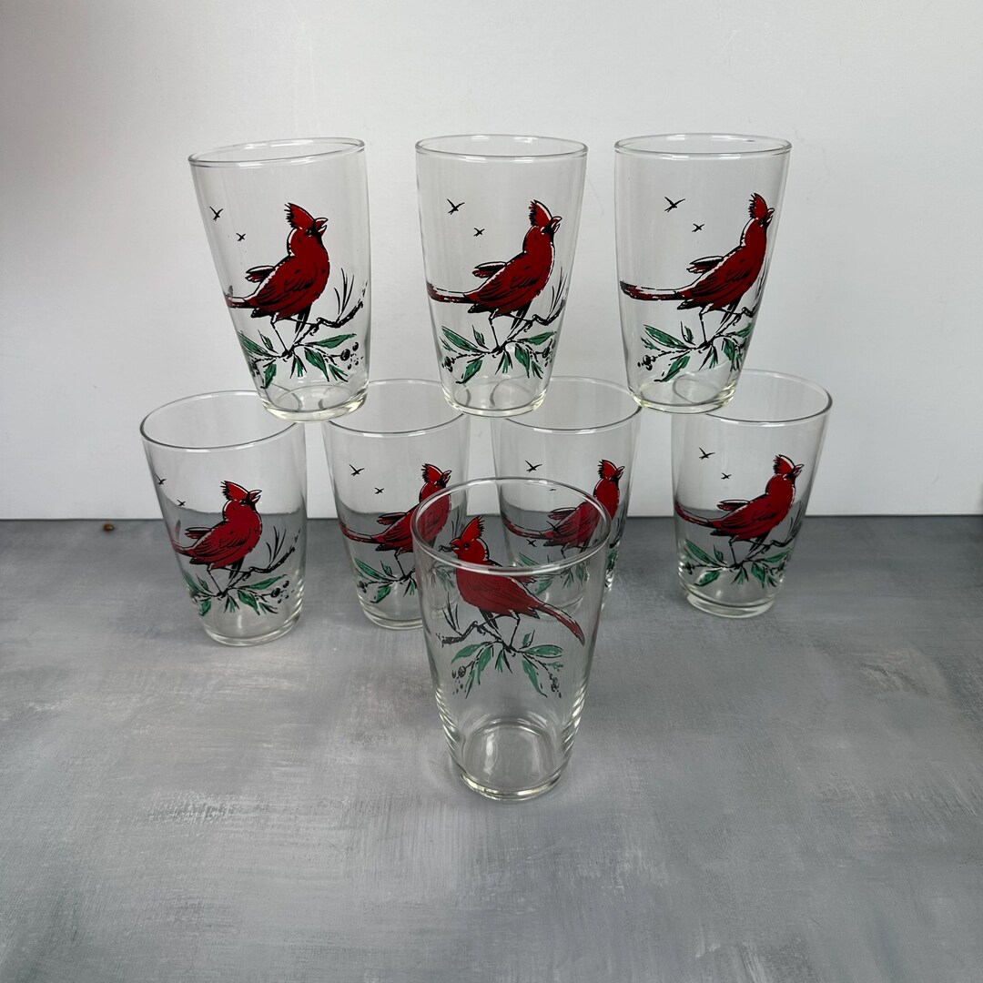 Vintage Cardinal Bird Drinking Glass Set: Mid-century Christmas ...