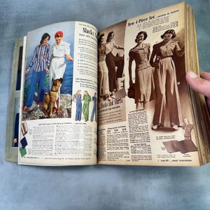 May include: A vintage fashion catalog open to a page featuring women's slacks and shirts. The page includes a variety of styles and colors, with a focus on the "New 4-Piece Set" that can be worn in multiple ways. The catalog also includes a section on "Slacks That Are Famous for Fashion" and a chart with fabric and color options.