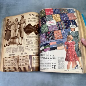 May include: A vintage fabric swatch book with a variety of colorful polka dot and floral patterns. The book includes a section for "Tiara Rayon Prints" and a section for "Buy of All" with the text "Quality retails at 49&cent; or more - cannot be surpassed at any price".