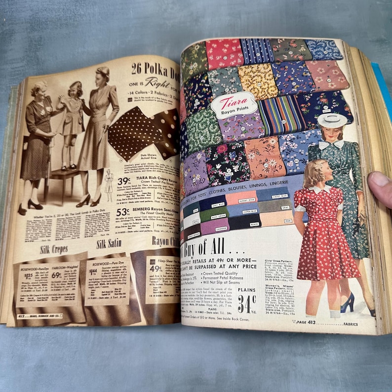 May include: A vintage fabric swatch book with a variety of colorful polka dot and floral patterns. The book includes a section for "Tiara Rayon Prints" and a section for "Buy of All" with the text "Quality retails at 49&cent; or more - cannot be surpassed at any price".
