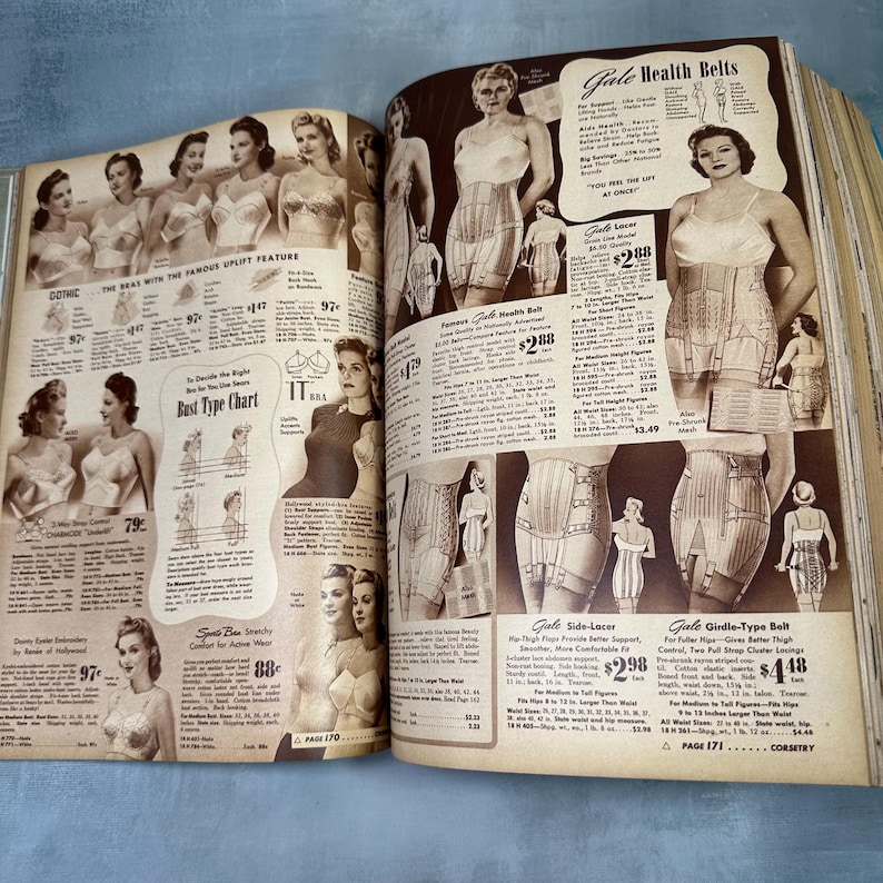May include: A vintage catalog page featuring women's undergarments and corsets. The page includes a variety of styles, including girdles, side-lacers, and girdle-type belts. The text on the page includes the brand name "Gale" and prices for each item.
