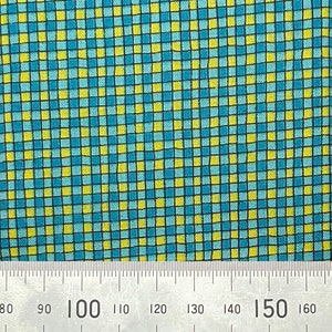 May include: A close-up of a fabric with a checkered pattern. The fabric is blue and yellow with black lines. A ruler is visible at the bottom of the image with measurements in centimetres.
