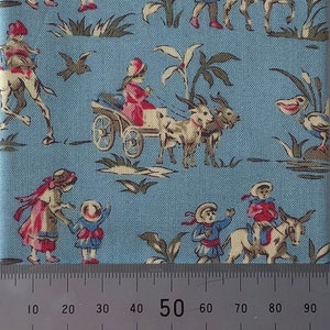 May include: Light blue fabric featuring a repeating pattern of children in red and blue outfits, riding donkeys and a goat-pulled cart. The design includes trees, birds, and water elements. The fabric is measured in centimetres.