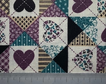Purple and floral heart patchwork cotton print fabric
