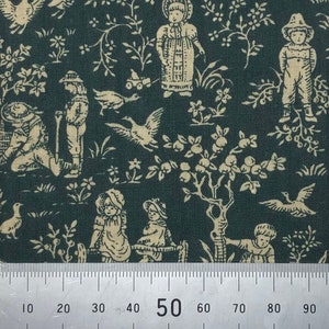 May include: A dark green fabric with a white repeating pattern of children playing in a garden. The pattern includes birds, trees, flowers, and a ruler for scale.