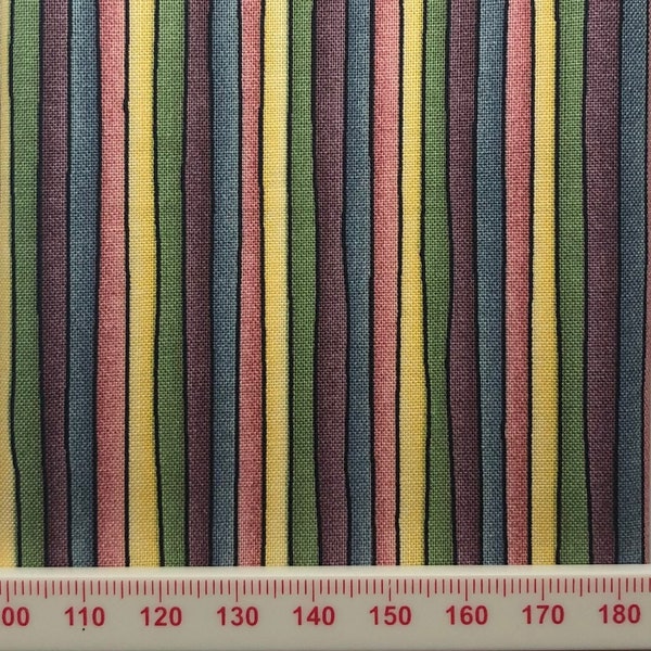 Multi-coloured striped cotton print. Great for small scale crafts.