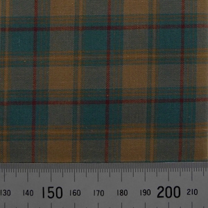 May include: A close-up of a brown, blue and red plaid fabric. A ruler is visible at the bottom of the image with measurements in inches.