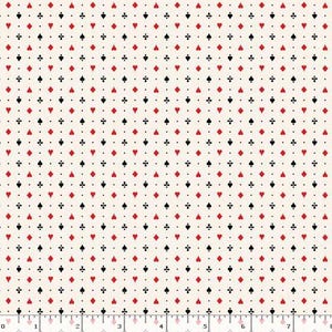 Peut inclure: Tissu crème avec un motif répété de symboles de cartes à jouer rouges et noirs. Les symboles, dont les cœurs, les carreaux, les trèfles et les piques, sont espacés uniformément sur le tissu.