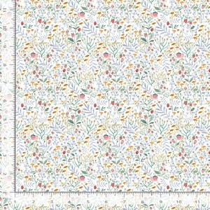 May include: White fabric featuring a repeating pattern of strawberries, mushrooms, and wildflowers in red, green, yellow, and blue. The design has a whimsical, hand-drawn aesthetic, suitable for crafting or quilting.