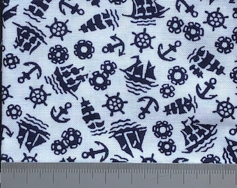 Boats and anchor print on white cotton background