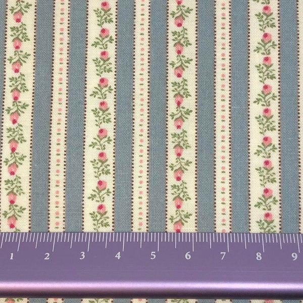 Blauwe en crèmekleurige strepen waar roze bloemen doorheen lopen. Perfect voor poppenhuizen op schaal 1/12 of patchwork-quilten.