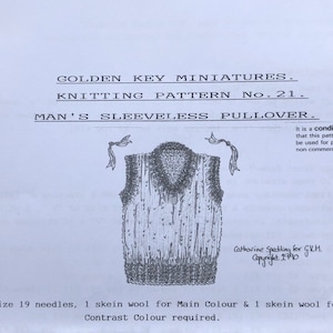 Mens sleeveless pullover 1:12th scale knitting pattern
