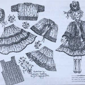 1:12th scale Sundays best underwear, skirt, jumper, cape, hat and muff dolls knitting pattern