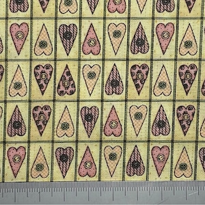 May include: Textile featuring a repeating pattern of pink hearts with diverse designs, such as stripes and dots, arranged within a grid of green lines on a yellow backdrop. Each heart has a small circular design at its centre. The fabric has a vintage, slightly worn look.