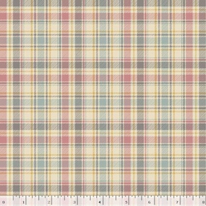 May include: A fabric with a plaid design, featuring a grid of intersecting lines in pink, blue, yellow, and grey, set against a cream background. The fabric is suitable for quilting or sewing projects. The pattern is a classic tartan style.